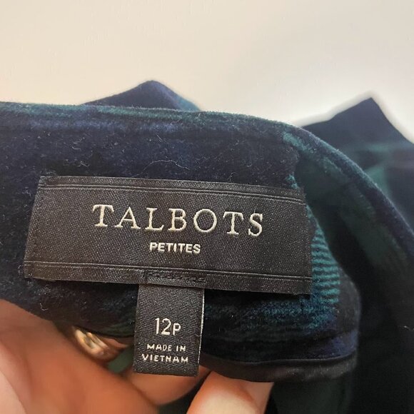 Talbots Skirt Tartan Watch Plaid Velvet Ruffle Pockets Blue Green Holiday Stretc - Picture 10 of 12